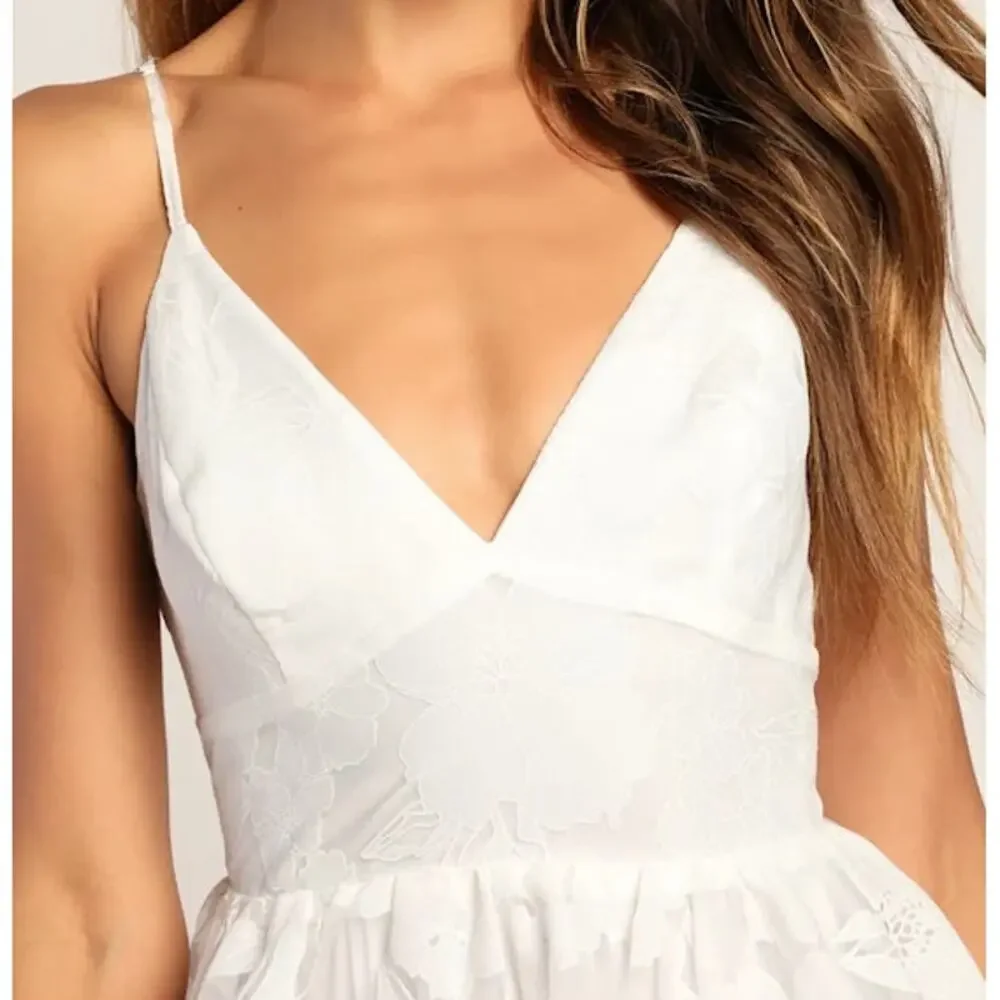 Lulus NWOT Floral Feelings White Floral Burnout Jacquard Babydoll Mini Dress - Picture 3 of 12